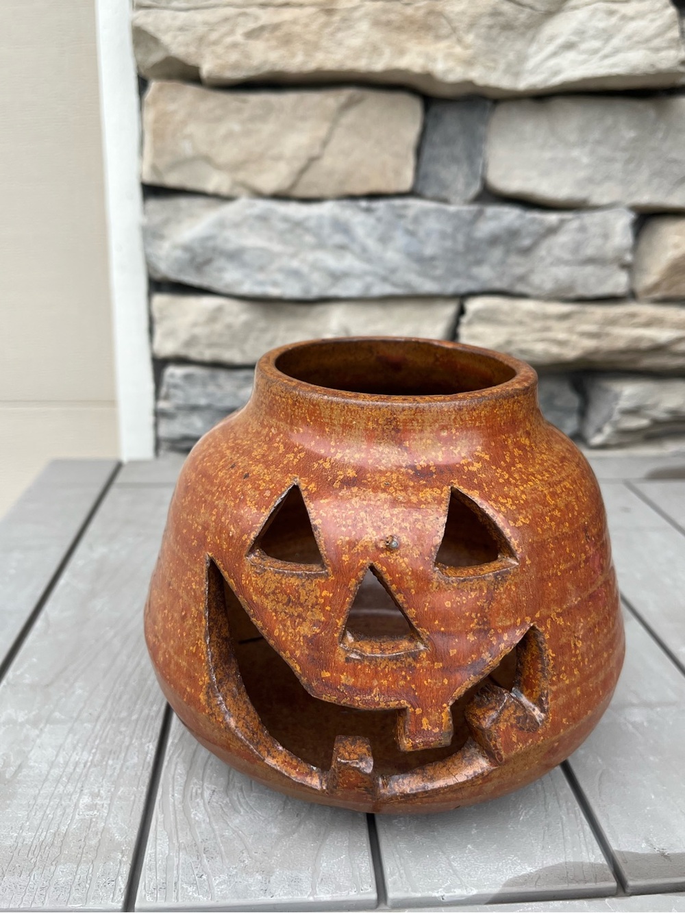 Autumn Rustic Orange Terracotta Ceramic Stone-ware Jack-O'-Lantern Luminary 5in